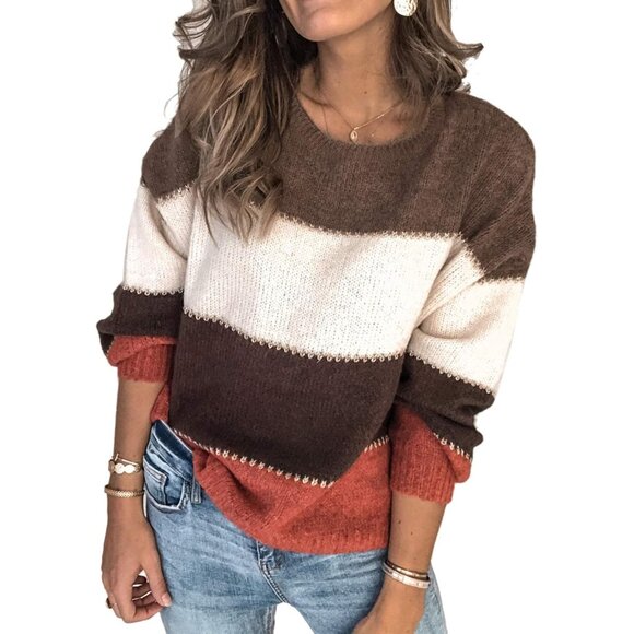 Sweaters - Women's Knit Sweater Long Sleeve Crewneck Color Block Patchwork Pullover